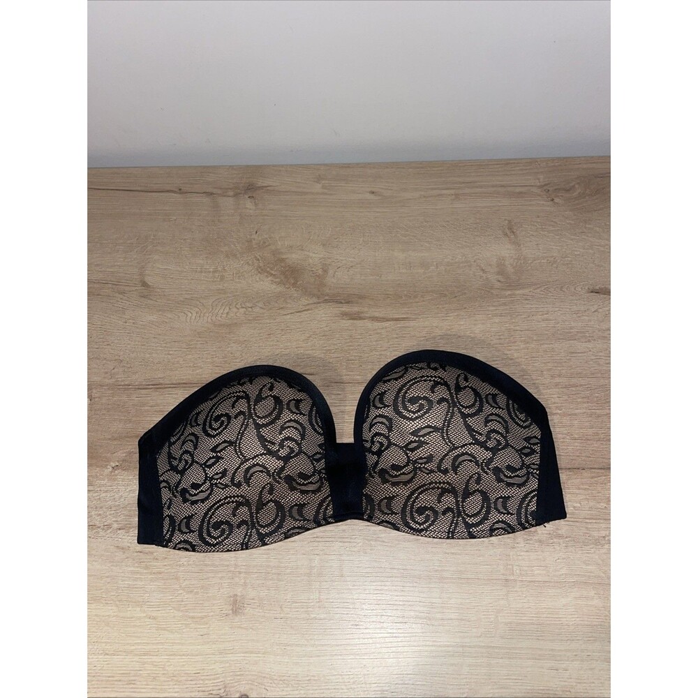 Black Lace Bra 36D Push Up Molded Cup Lace Overlay Nude Lining Womens